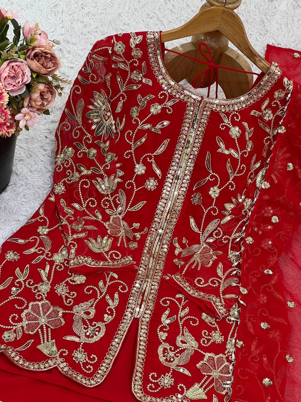 Beautiful Heavy Faux Georgette Red Top Palazzo With Dupatta For Women Function