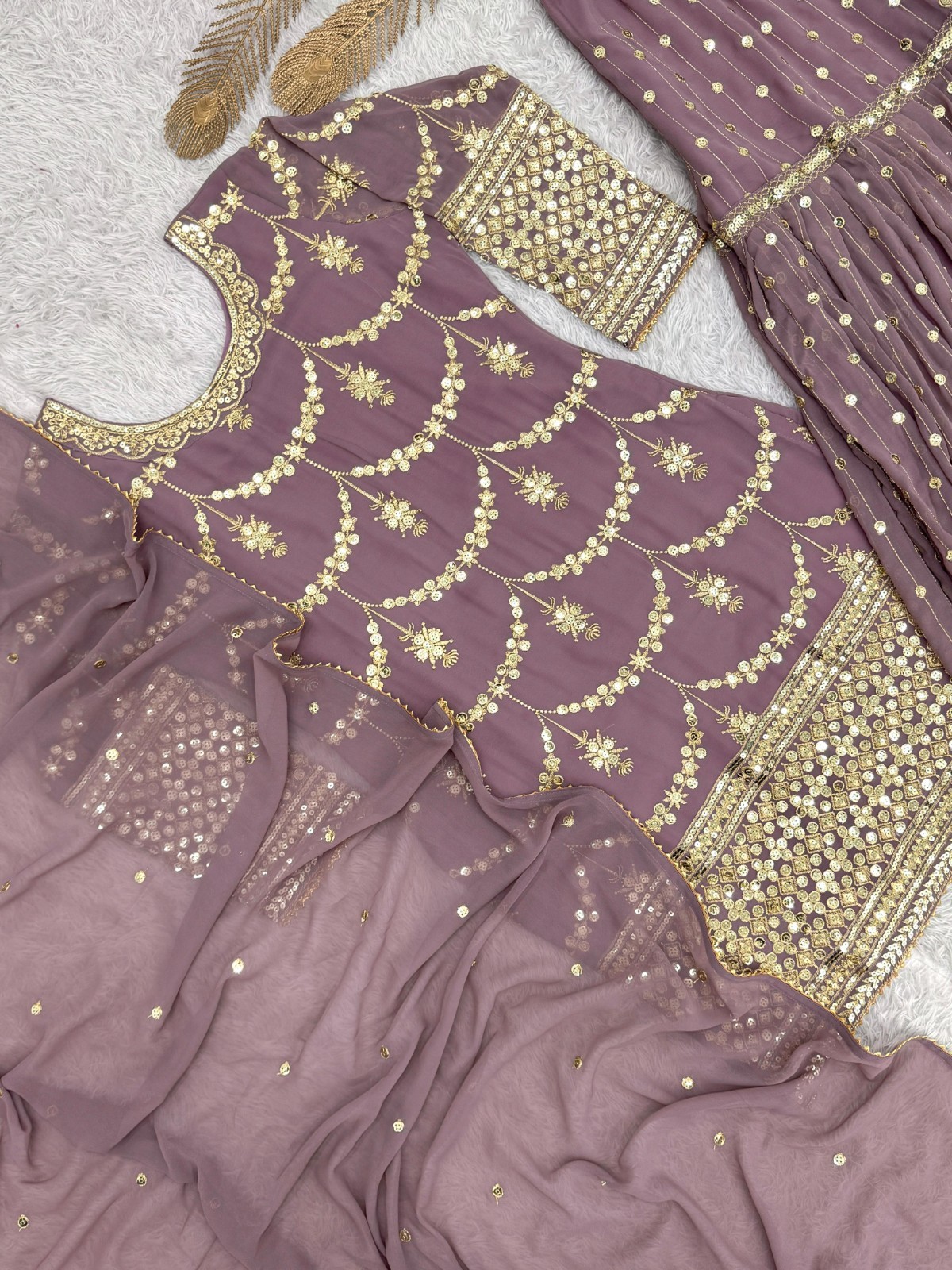 Indian Designer Sharara Suit Dusty Mauve Gold Embroidered Wedding Ready to Wear