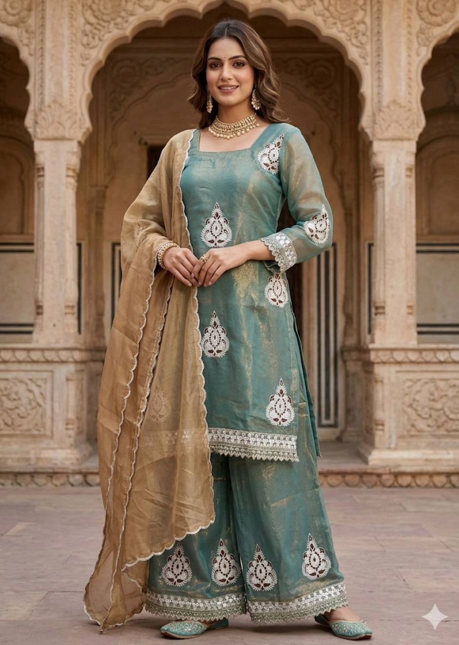 Women’s Kurti Palazzo Set Embroidered Indian Ethnic Party Wear Suit Multi Color