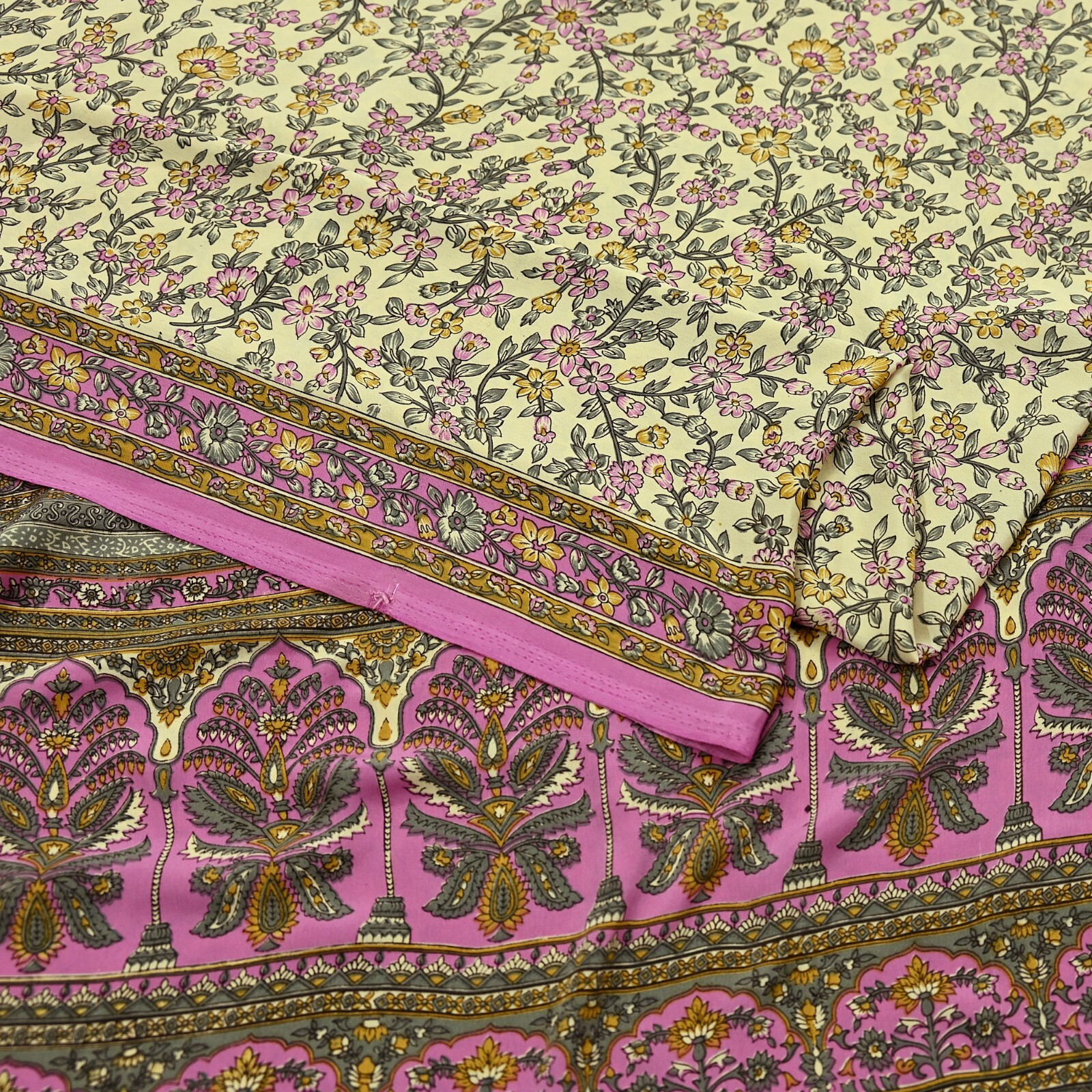 Vintage Sari Ivory & Pink Moss Crepe Printed Sarees 5yd Craft Fabric Sewing Soft
