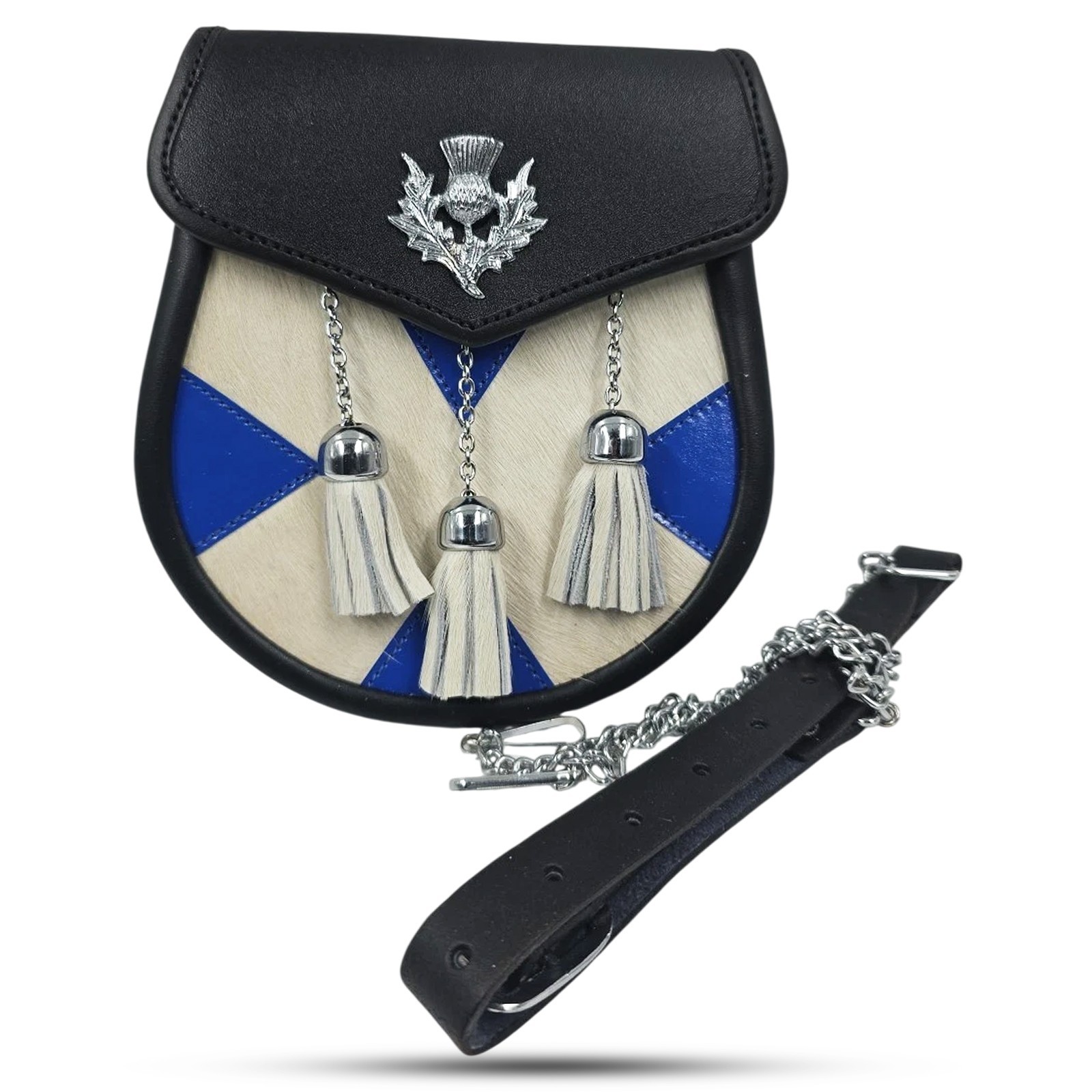 Scottish Handmade Real Leather Kilt Sporran Scottish Flag Design w/ Chain Belt