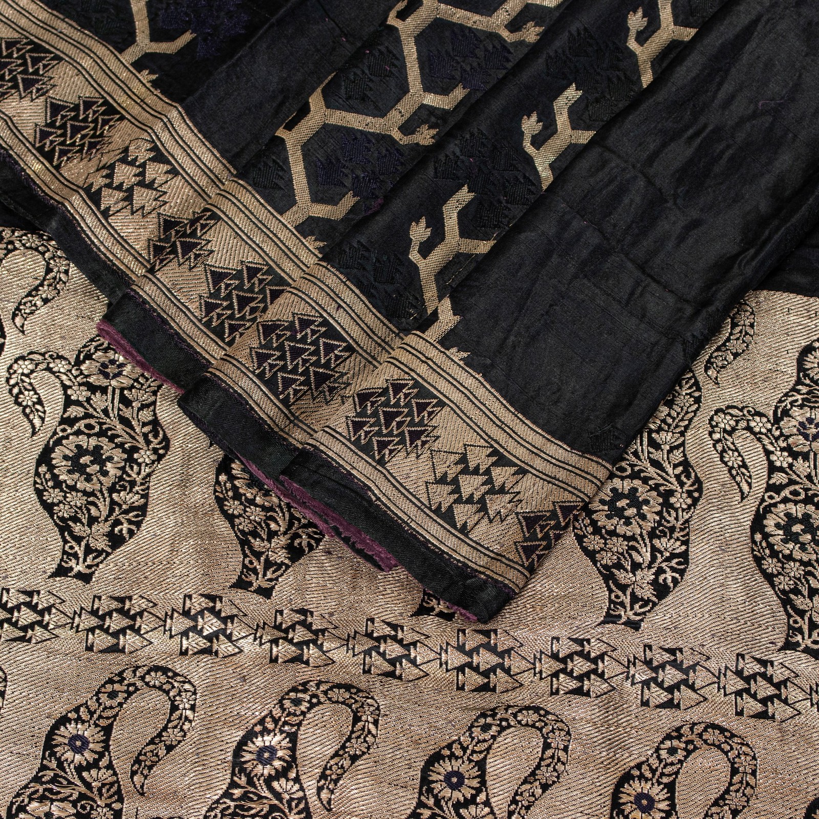 Sanskriti Vintage Black Pure Satin Sarees Banarasi Brocade Zari Hand-Woven 5+Yd
