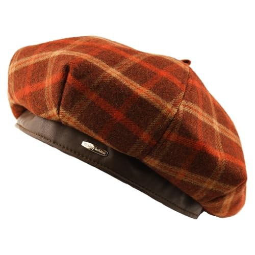 Women’s Wool Blend French Plaid Beret with Leather Band – Fashion Berets Red