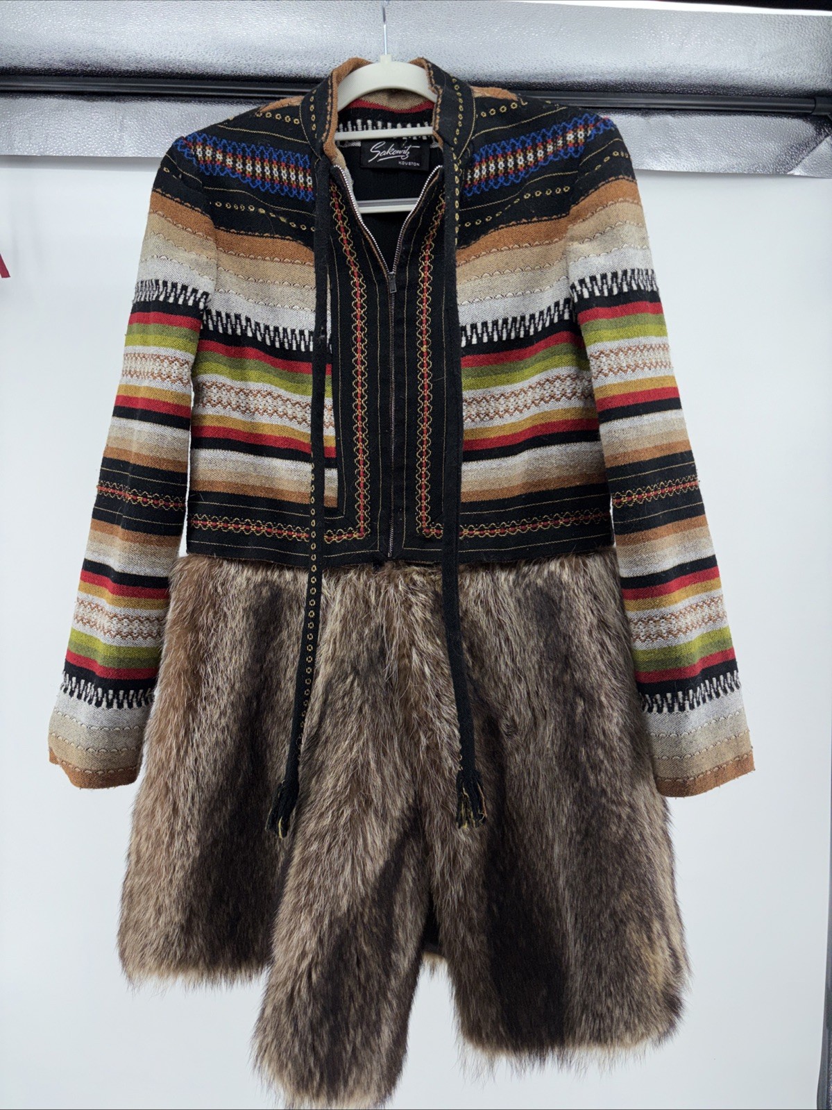 Davidow Native American OneOfA Kind Regalia Woven Jacket Raccoon Fur Lined 1970