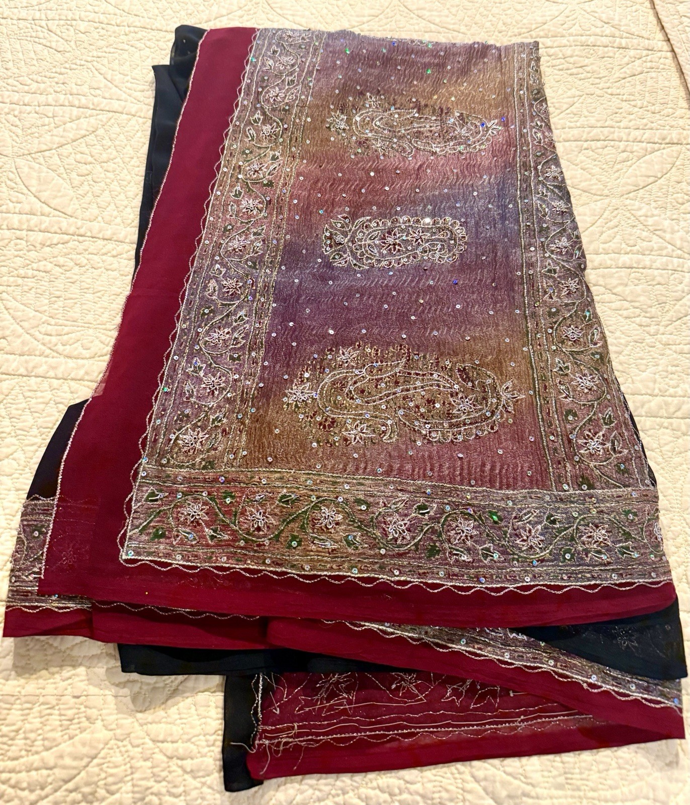 SARI CHIFFON Burgundy Embroidered Border/ Black Sequined Interior 44×200+” EUC