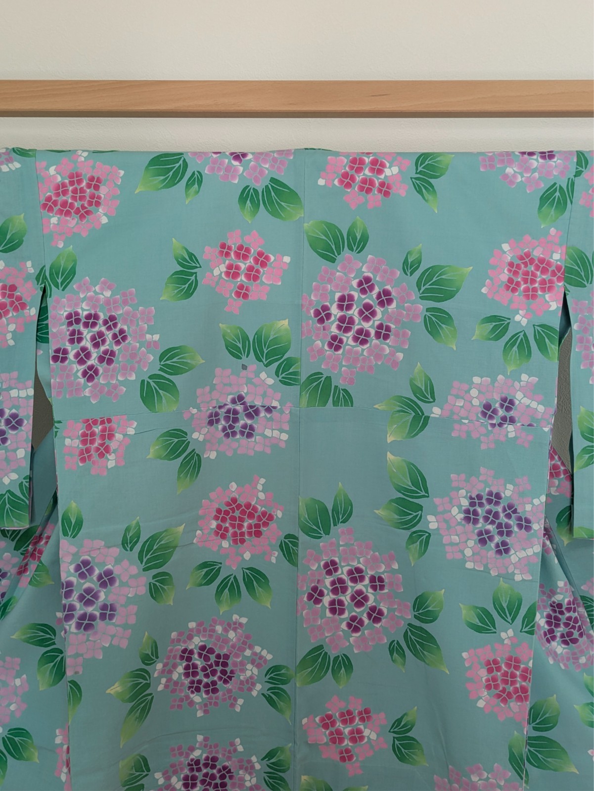 Japanese Kimono Cotton Yukata Emerald Blue Purple Hydrangea Floral Summer Wear