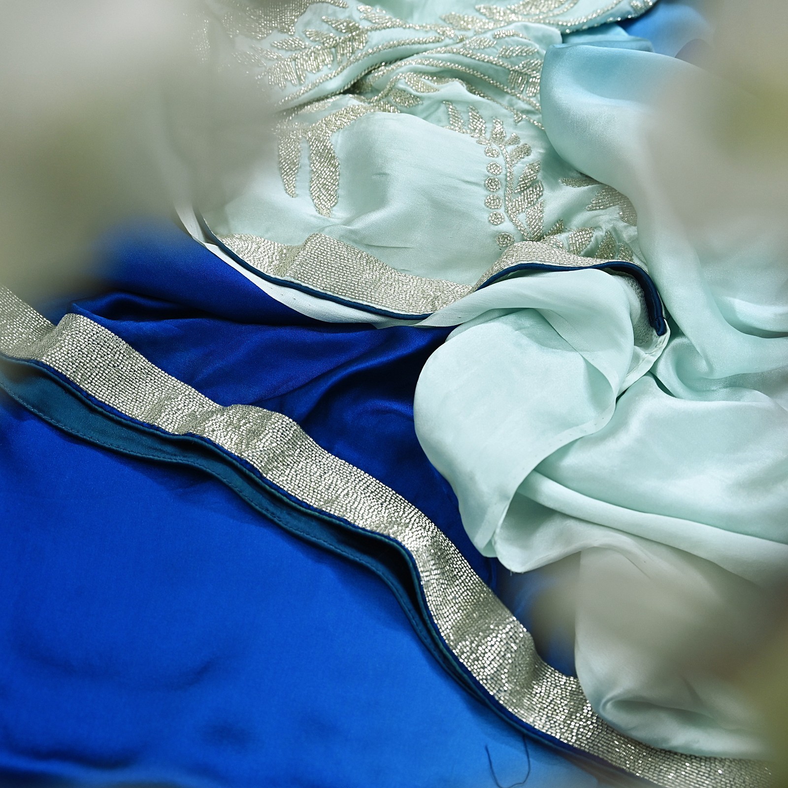 Rare Vintage Green & Blue Pure Satin Silk Saree Hand Embroidered Fabric 5.5 Yard