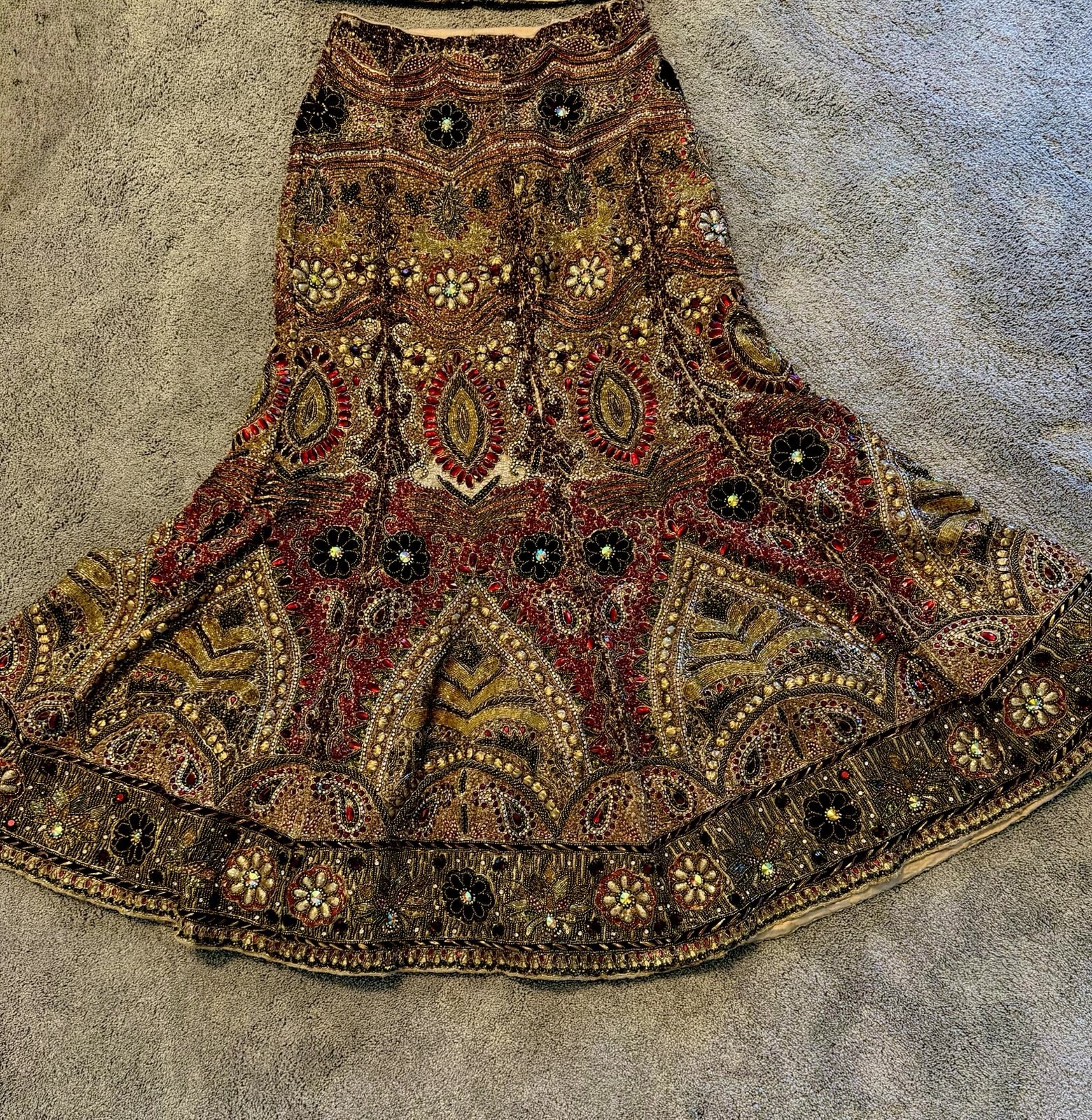 Embroidered Choli Set for Women Red Gold Multi-Color Skirt Dupatta Beads Sequins