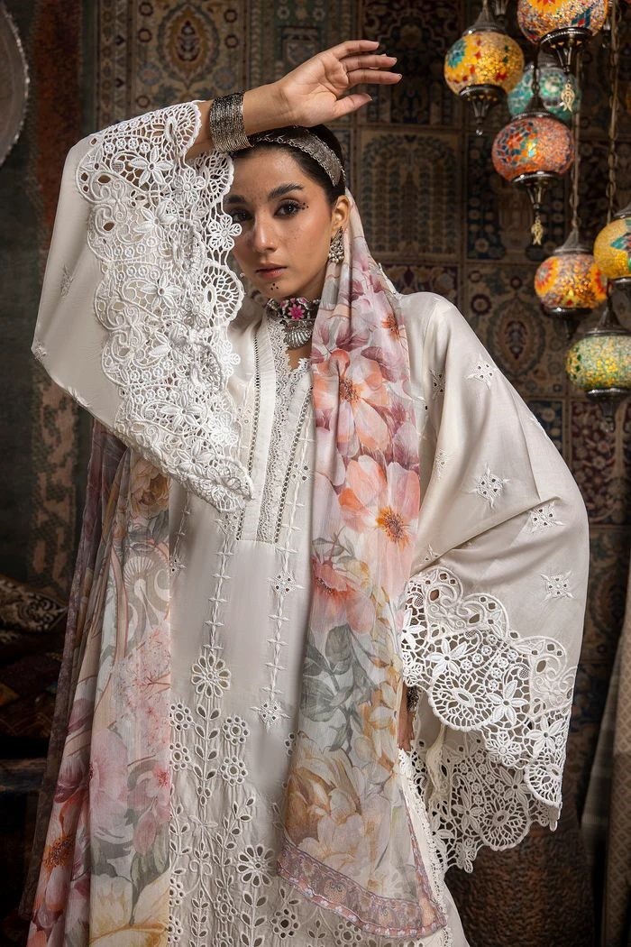 Sophisticate Schiffli embroidered lawn suit with digital printed chiffon dupatta