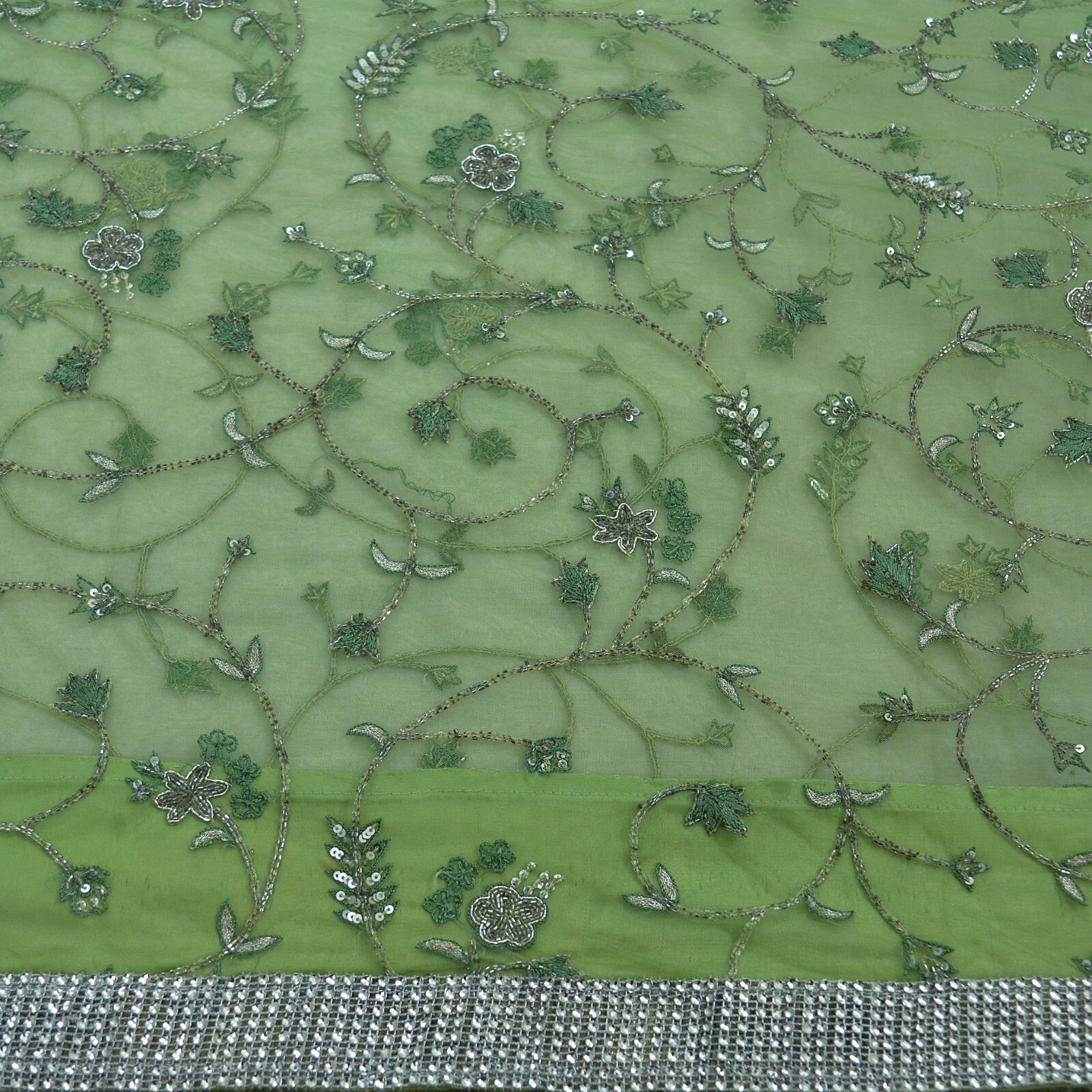 Vintage Heavy Saree Green Net/Mesh Hand Embroidered Sari Fabric 5Yd Sewing Dabka