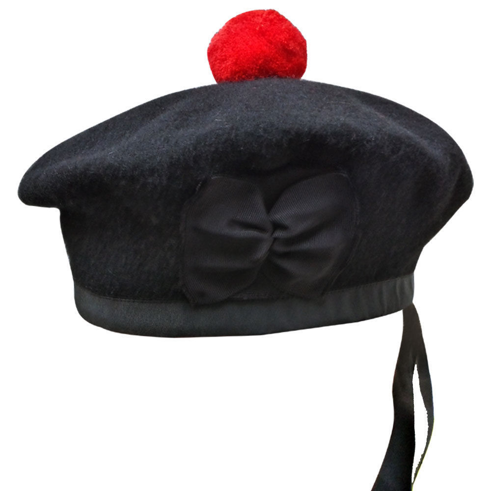 New Scottish Black Wool Blended Balmoral plain & Dice Hat With Red Pompom on Top