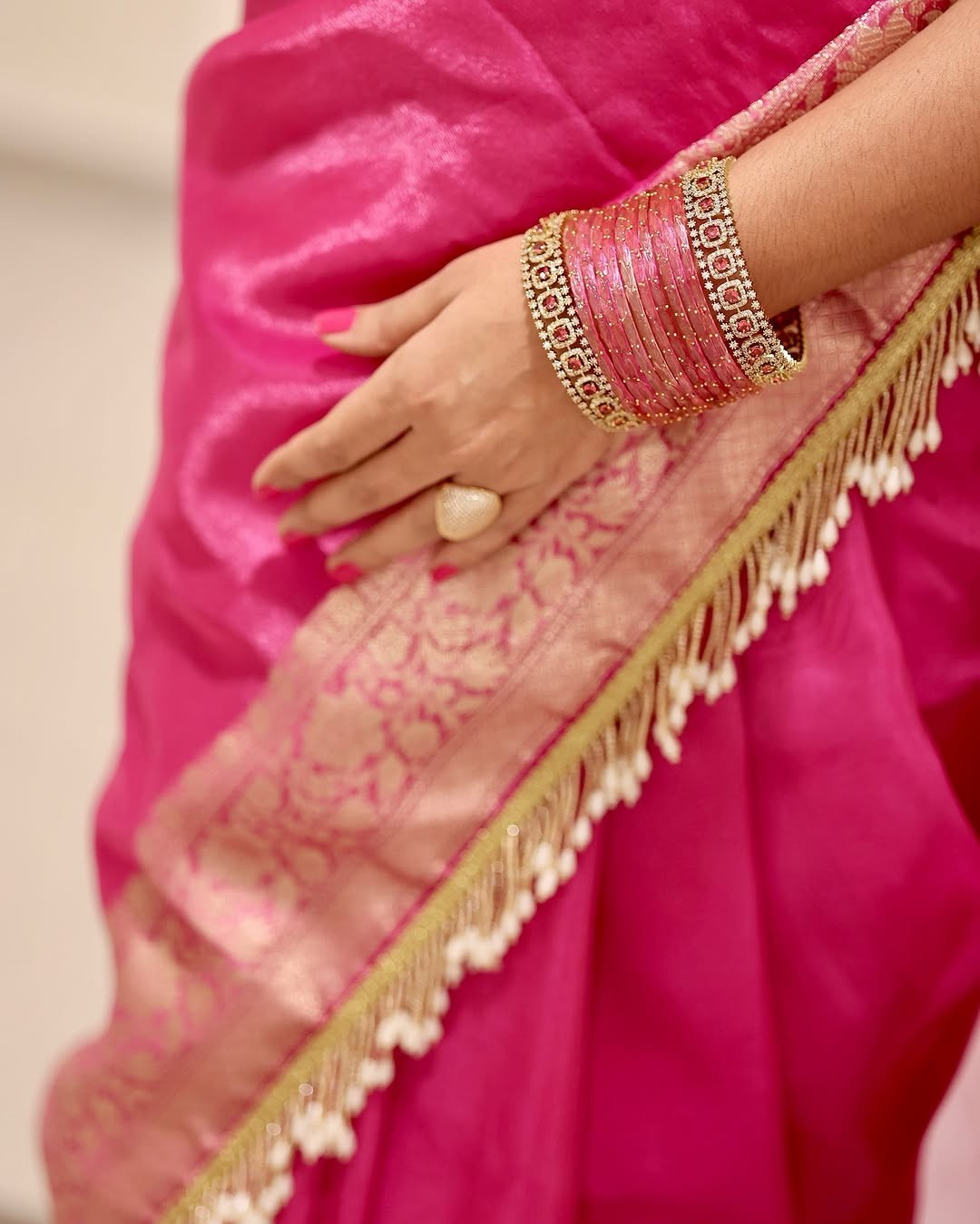 Premium Banarasi Tissue Silk Saree Pink Designer Lace Border Wedding Wear Sari