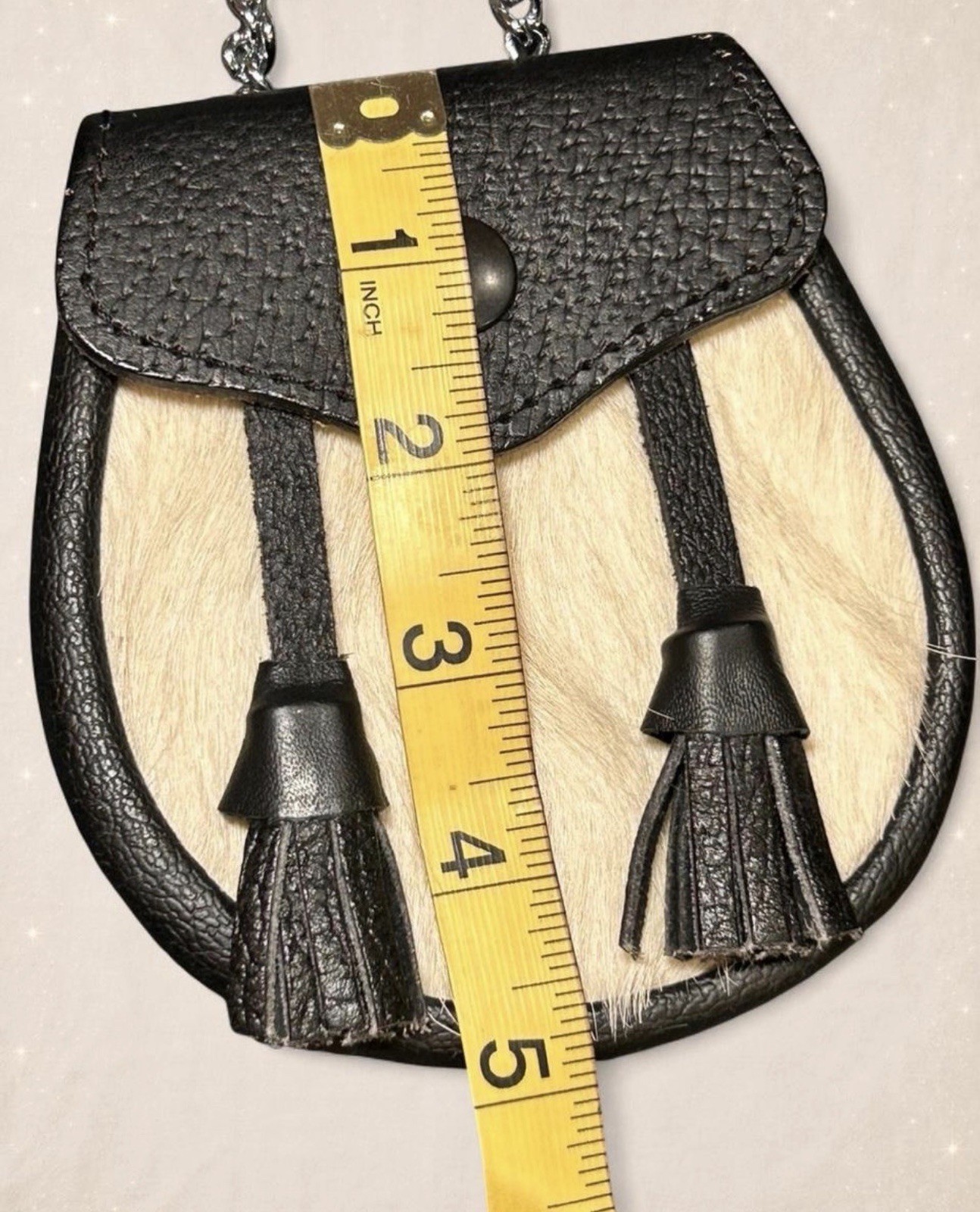 Rare Vintage Scottish Leather & Fur Boys Sporran Kilt Pouch Belt Tassel White