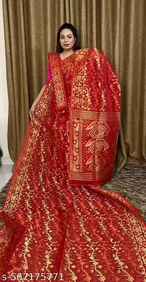 Traditional Bengali Handmade Jamdani Saree With Unstitched Bloused Wedding Wear
