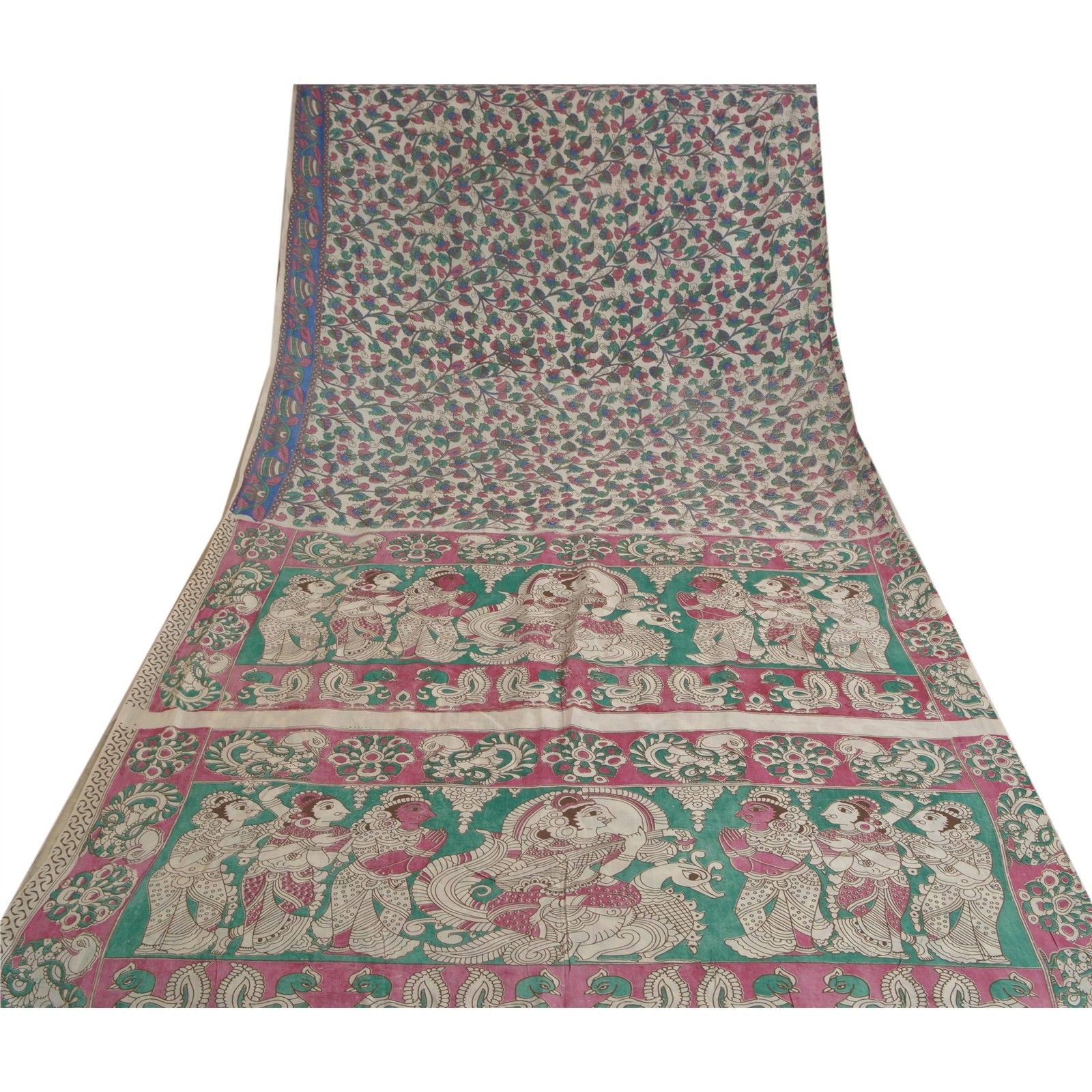 Sanskriti Vintage Ivory Sarees Blend Silk Handmade Kalamkari Peacock Sari Fabric
