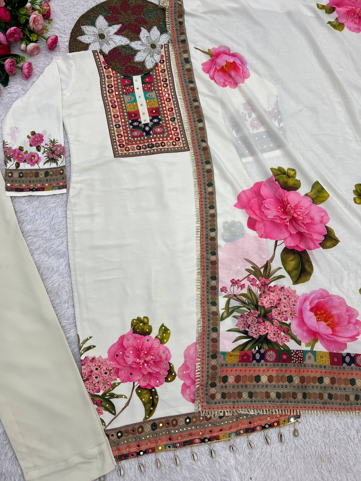 Heavy Muslin Cotton Off White Salwar Kameez With Dupatta For Festival Wear