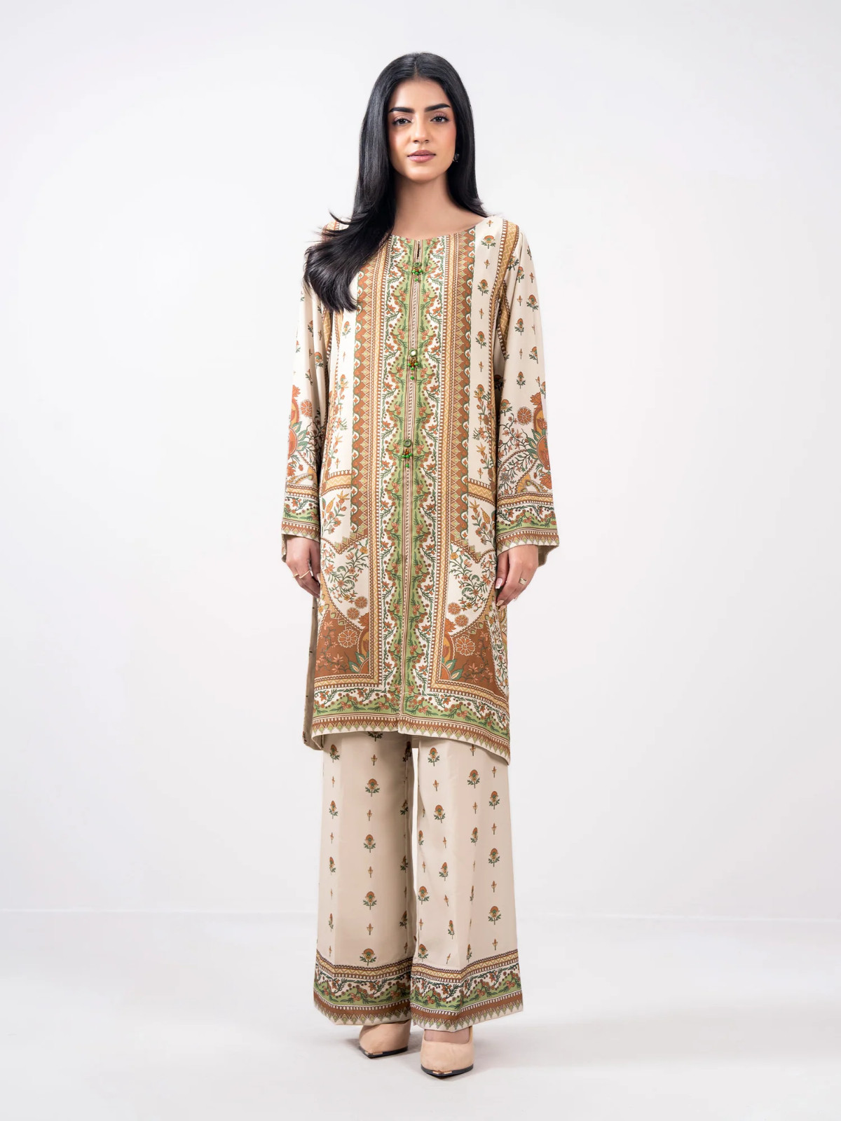 Pakistani Beige 2 Pcs printed grip Dress ,M