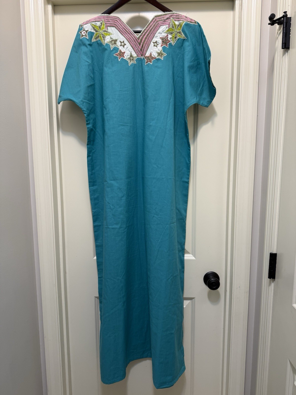 Vintage Teal Embroidered Jalabiya Caftan Maxi Dress