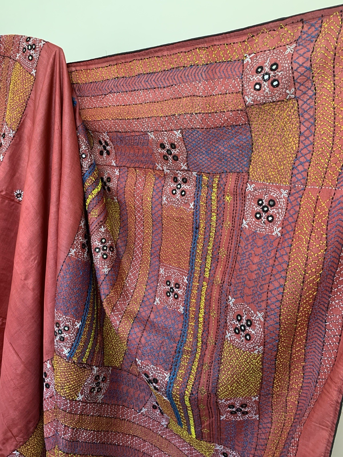 Red Hand Embroidery Kutch Tussar Silk Saree Festival party wear For Women