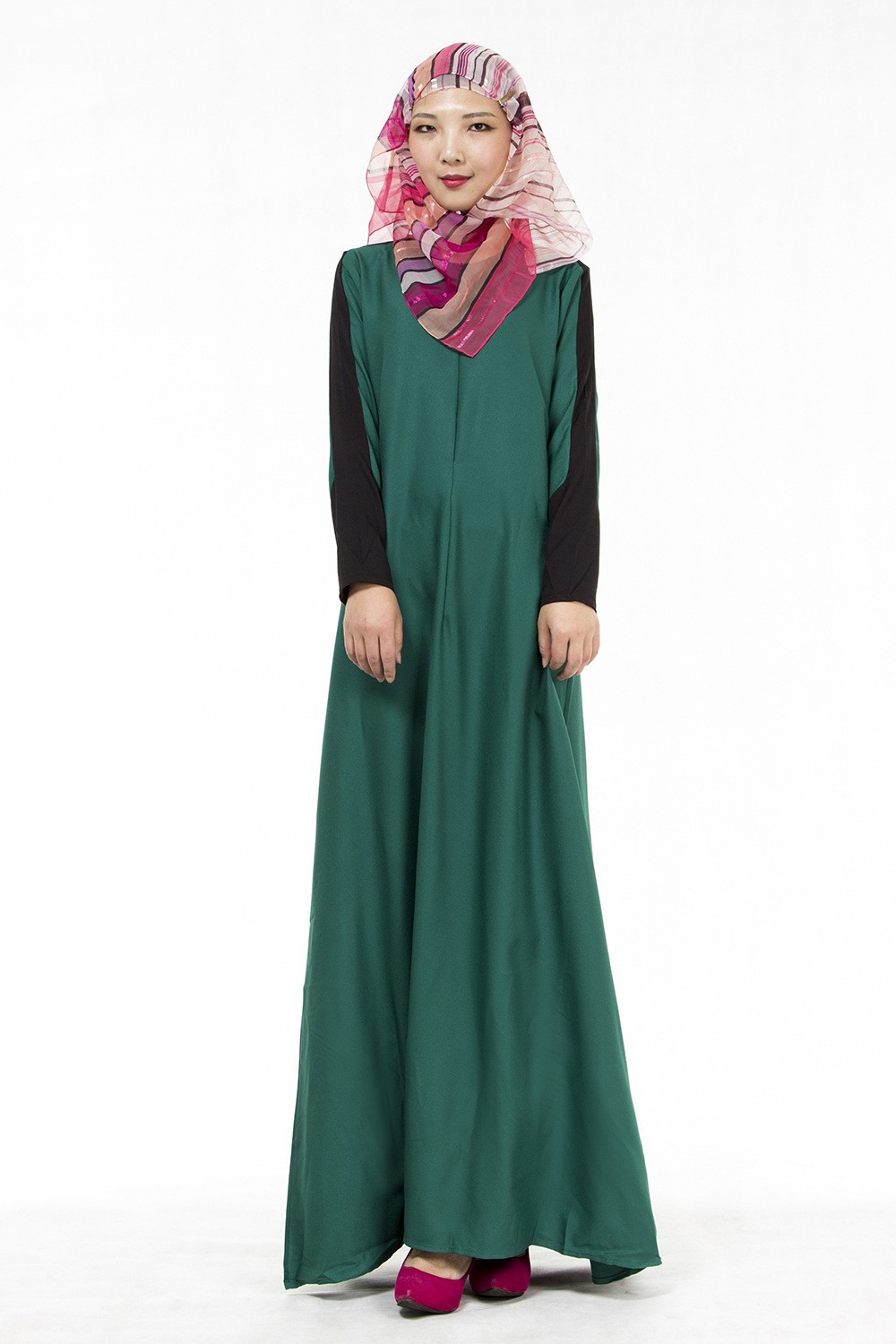 Muslim Women Round Neck Abaya Front Zipper Long Sleeve Kaftan Dress Party Gown