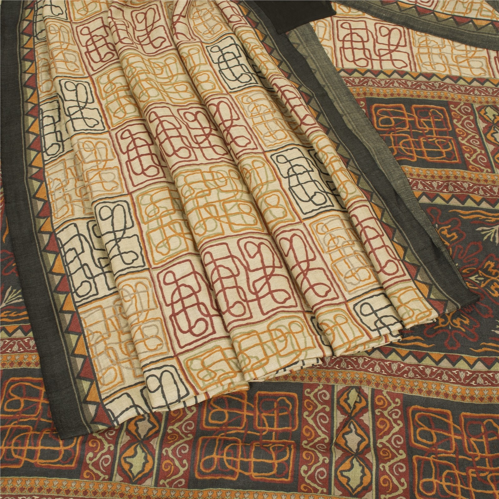 Sanskriti Vintage Ivory Sarees 100%Pure Woolen Abstract Printed 6+Yd Winter Sari