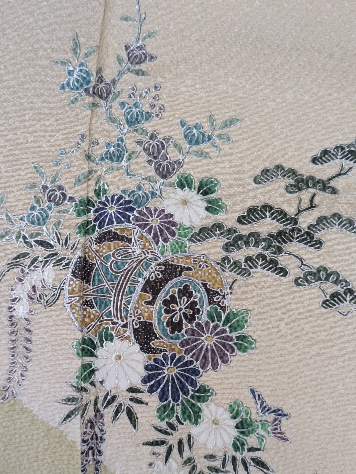 Vintage Japanese Kimono Silk Homongi Beige Shibori Floral Chirimen KInsai Art