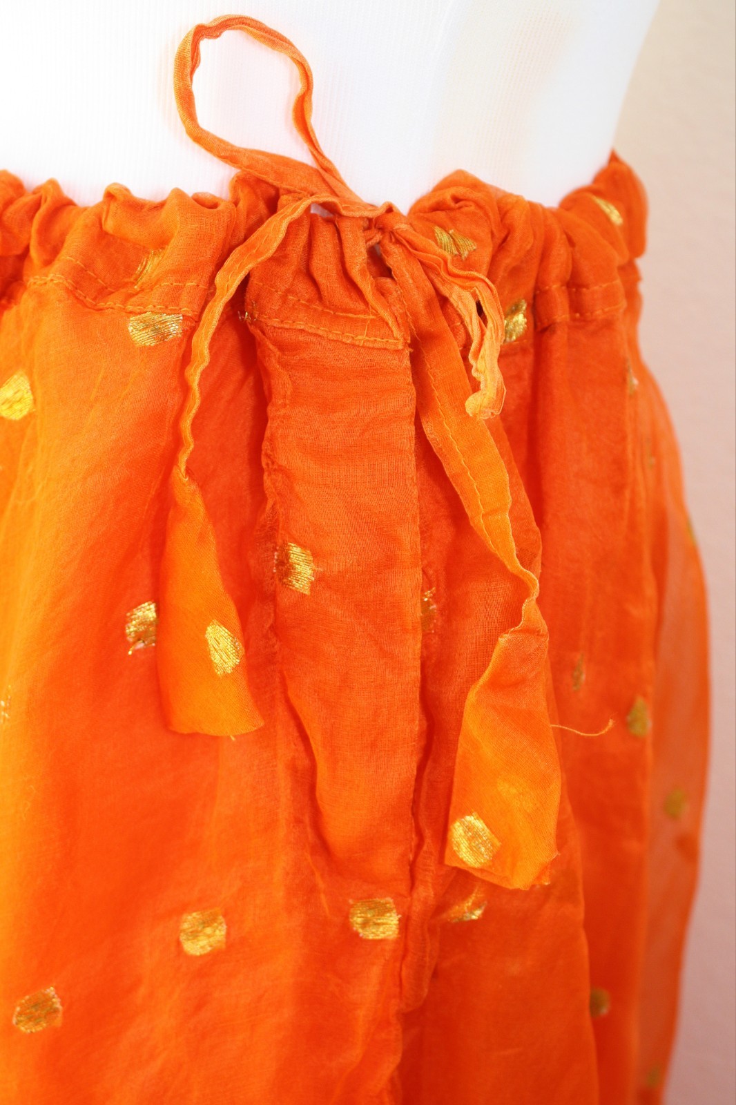 Ethnic India Hippie BOHO Skirt M Orange Organza Golden Polka Dot Embroidered #03