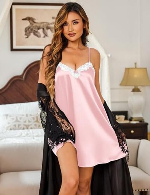 Nightgowns for Women Silk Satin Lingerie Lace Sleeveless Night Large Pink
