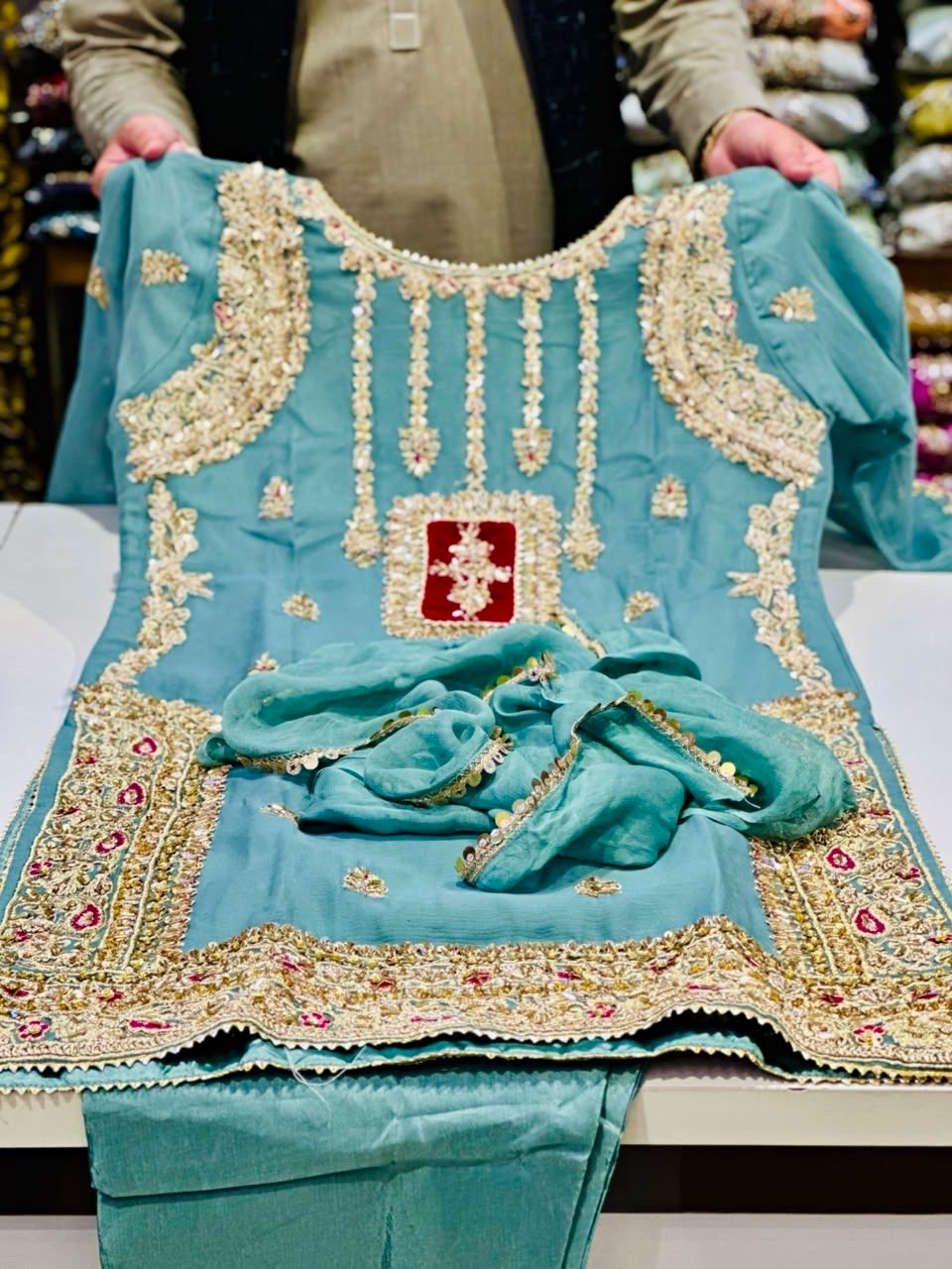 Women’s Pakistani Salwar Kameez Blue Chiffon Cotton Blend Embroidery One Size