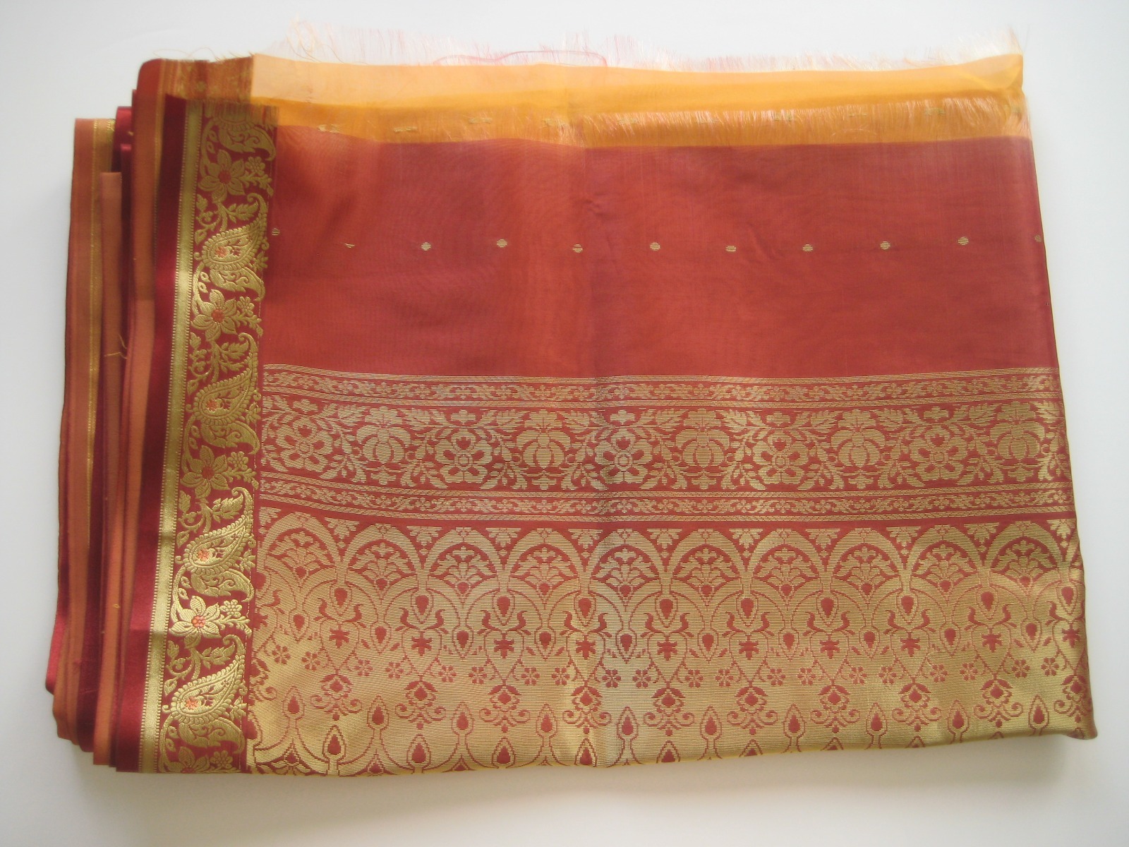 Beautiful Orange/Red shade Organza Type Material w/Gold Work Indian Sari