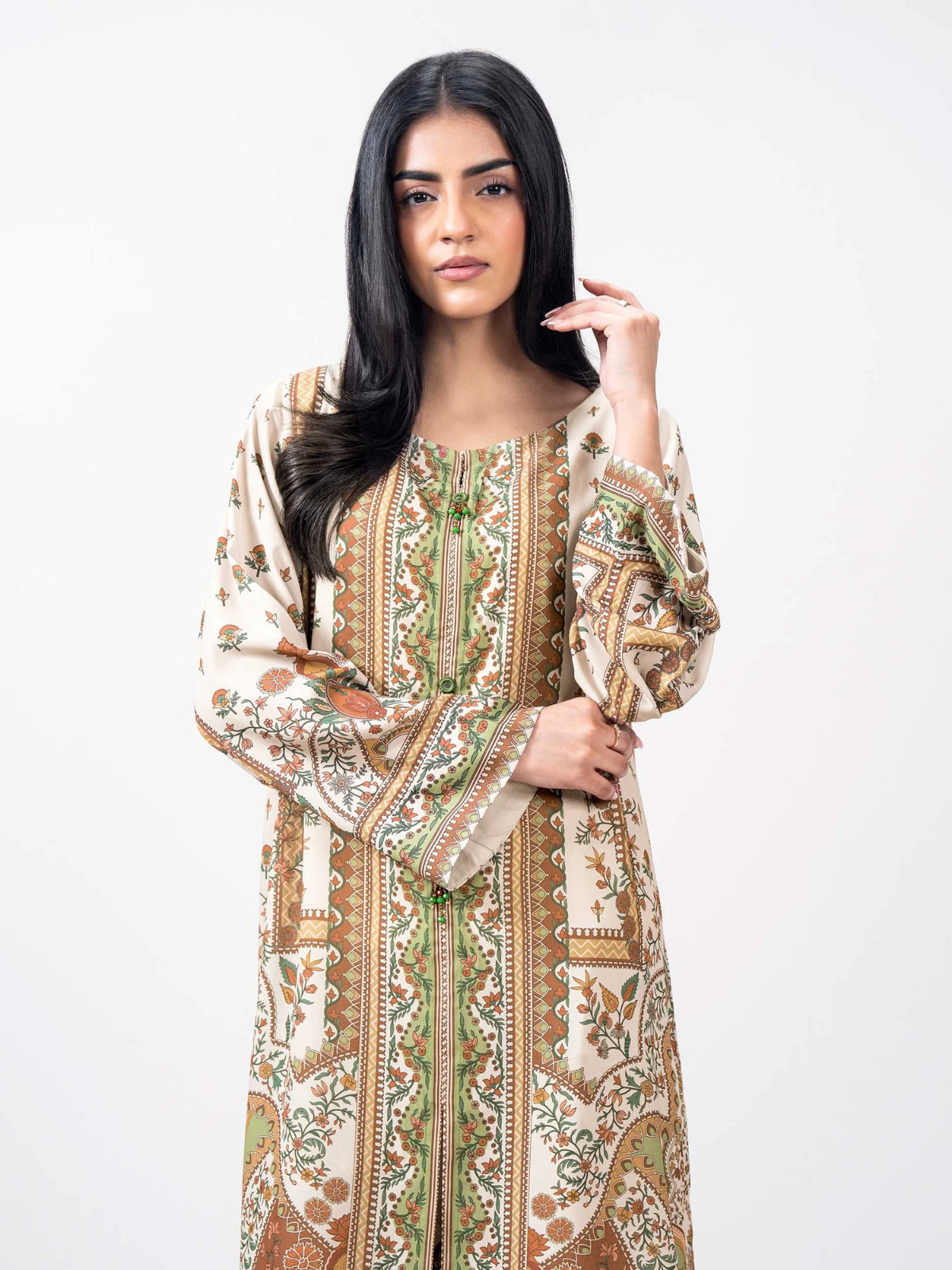 Pakistani Beige 2 Pcs printed grip Dress ,M