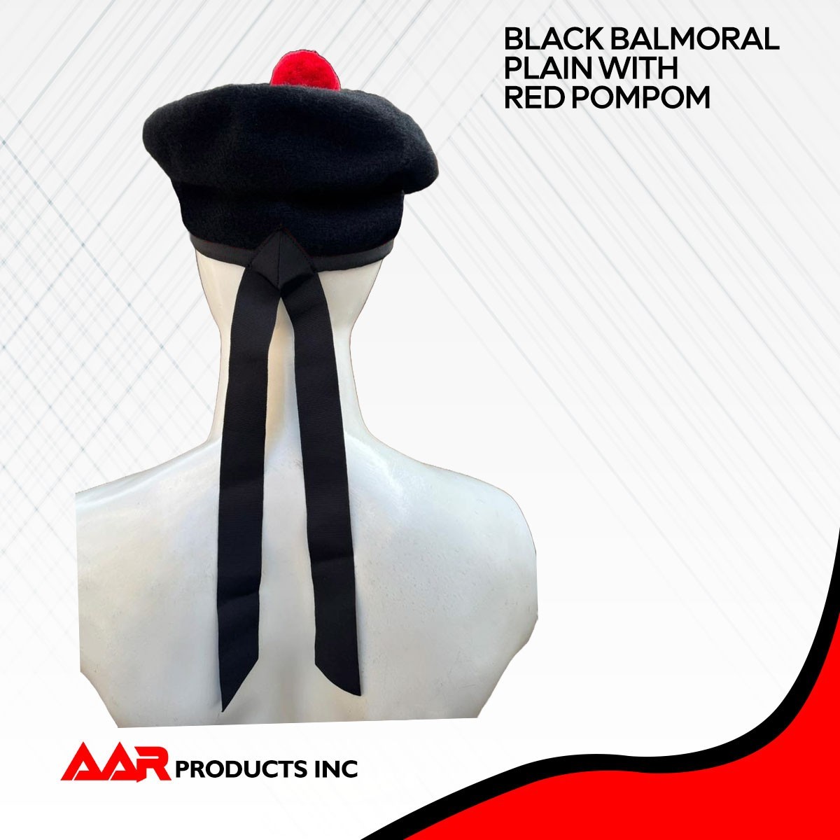 Wool Balmoral Scottish Black Plain Hat Red Pompom on Top