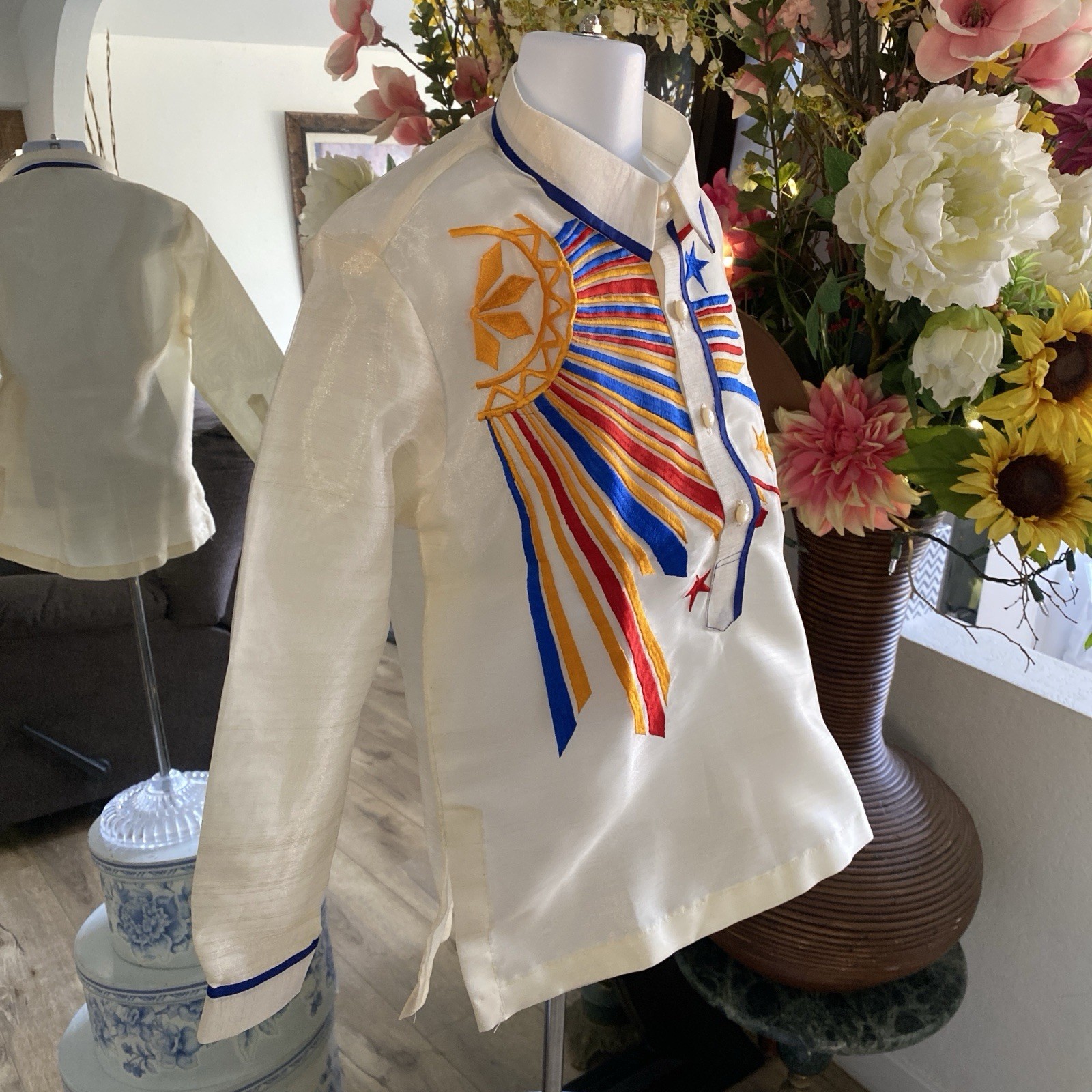 Barong Tagalog Embroidered White Kids’ Barong Shirt with Bright Starburst Motif