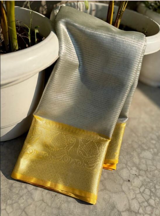Women Banarsi Tissue Soft Silk Saree With Contrast Brocade Gold Blouse