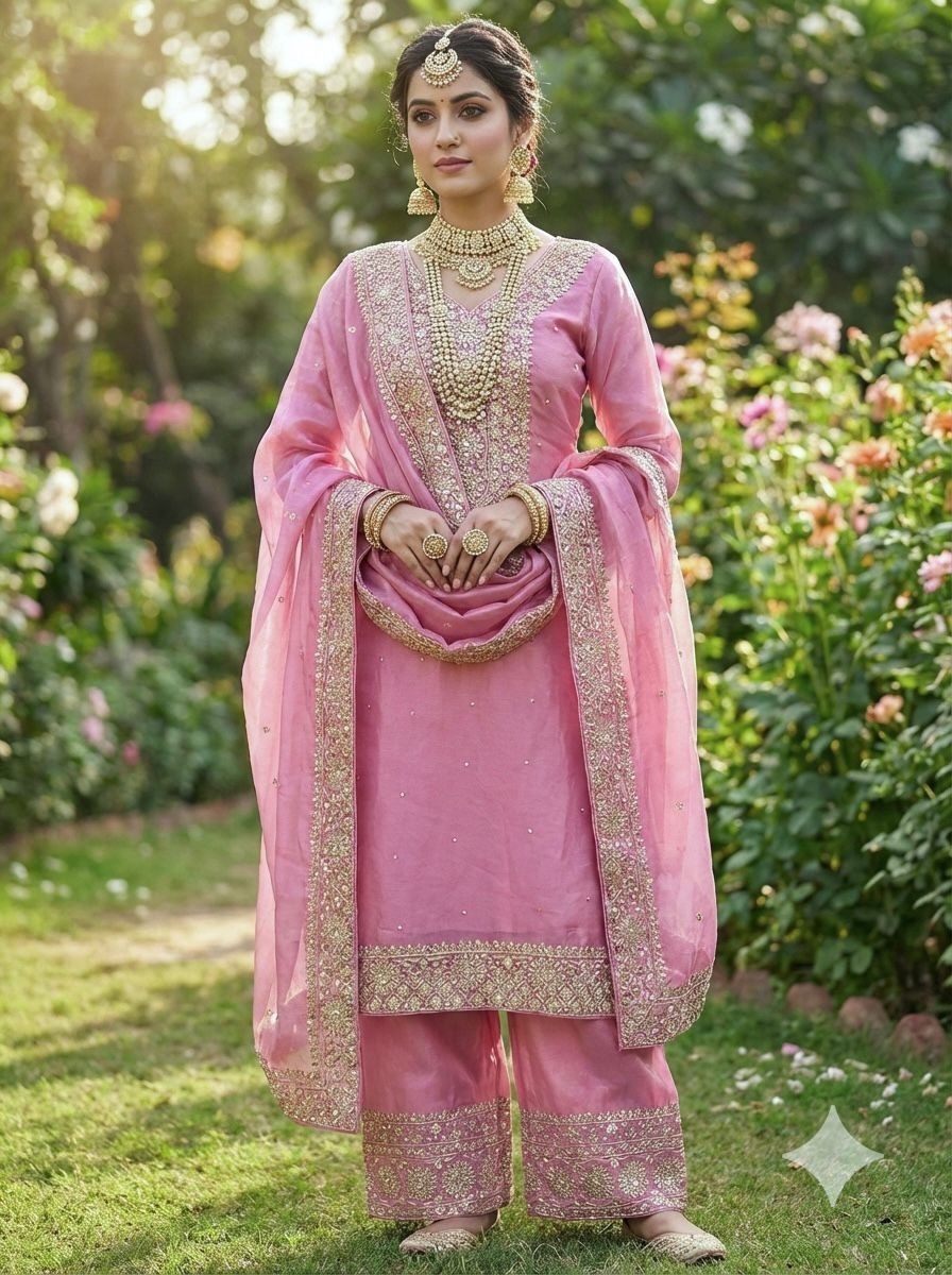 Premium Pure Fancy Silk Kurta Palazzo With Dupatta Designer Sequence Reception