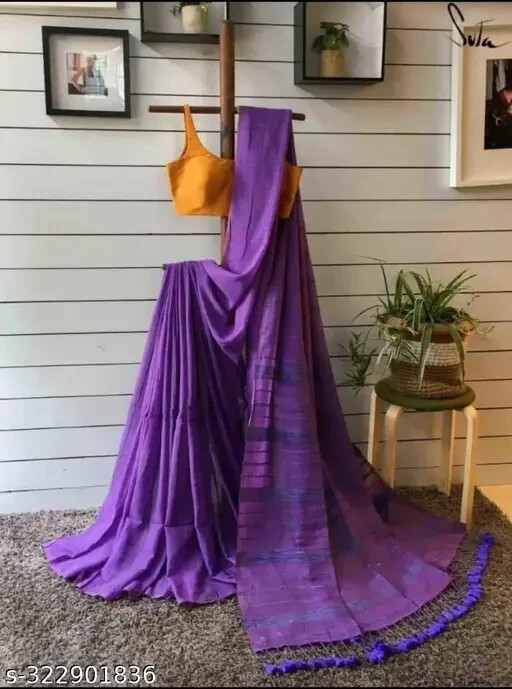 Women’S Khadi Cotton Saree Solid Zari Woven saree with Running Blouse