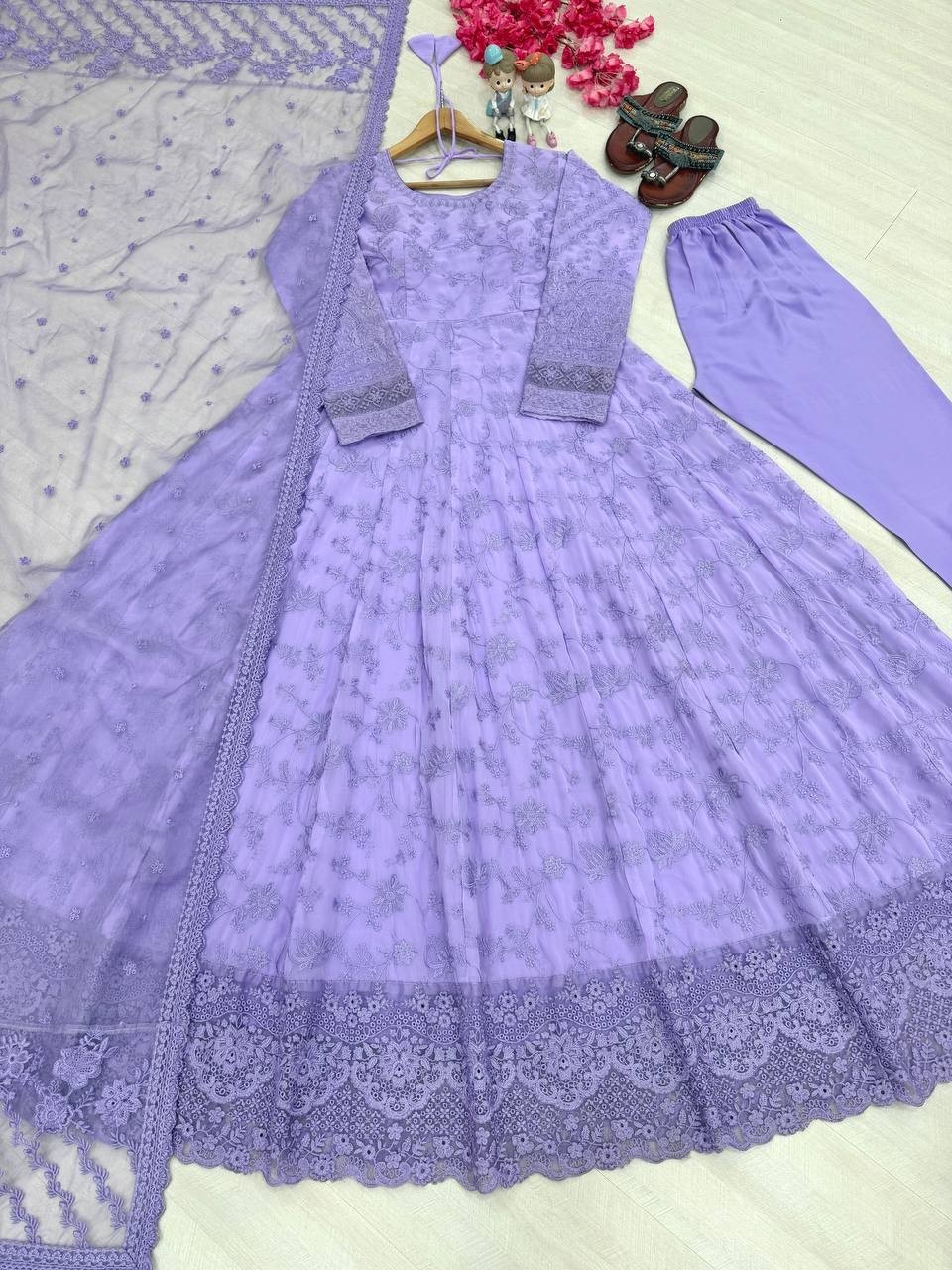 New Beautiful Lavender Faux Georgette Gown Bottom With Dupatta For Festive