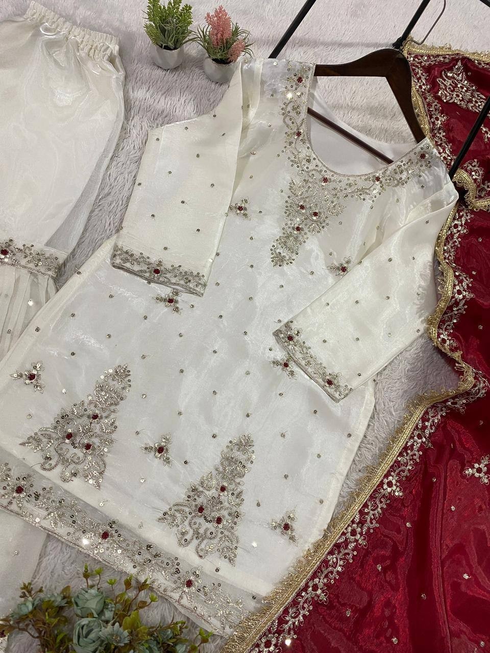 New Launch Silk White Top Palazzo With Maroon Dupatta For Reception Wear