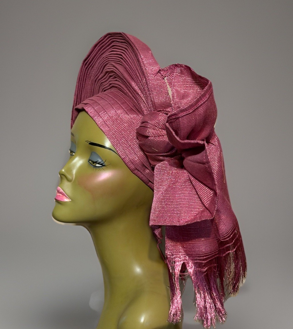 Aso-Oke African Headtie Auto Gele, Pink Color Empress headwear