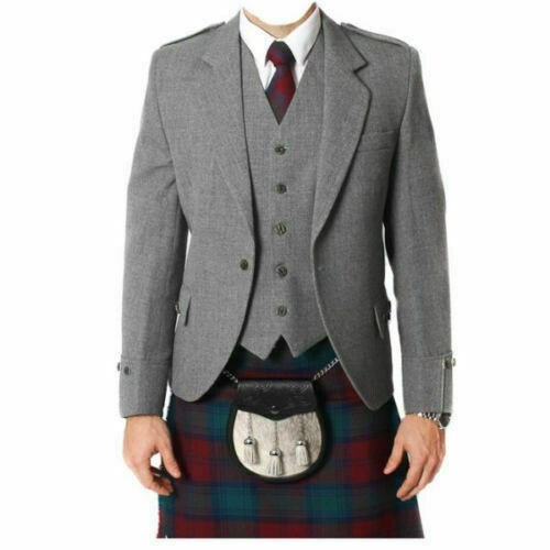 Men’s Grey Wool Argyle Kilt Jacket With Waistcoat Scottish Wedding