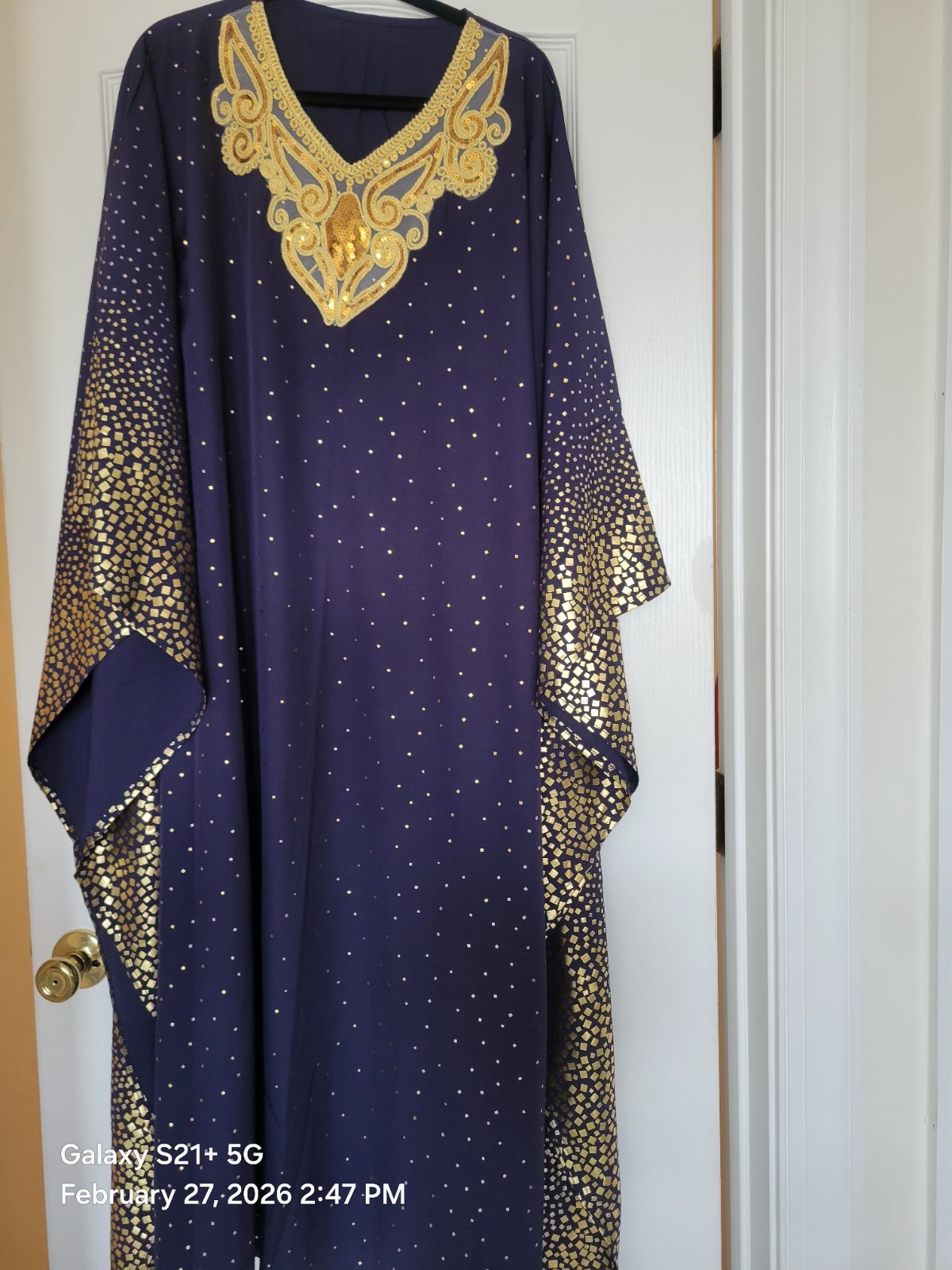 Women’s Blue and Gold Kaftan Dress, One Size, Middle Eastern Style