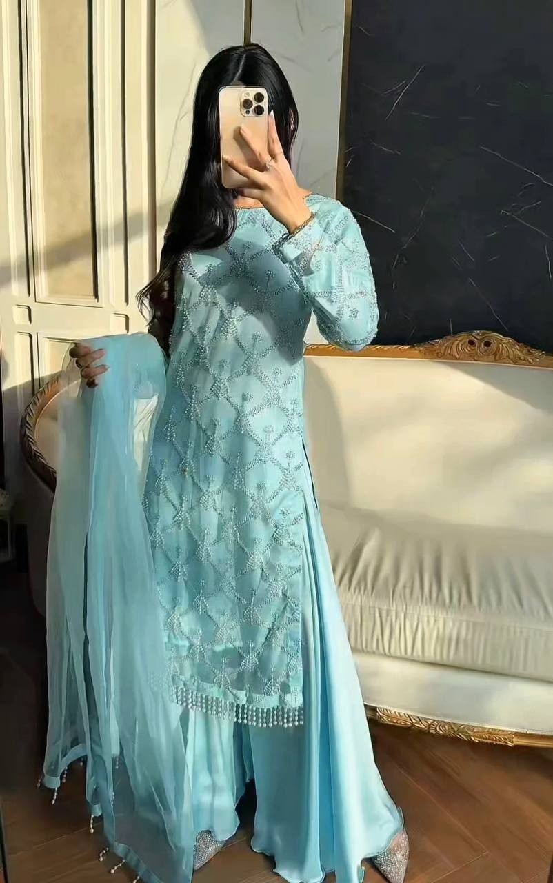 Designer Reception Wear Soft Net Kurta Palazzo With Dupatta For Women