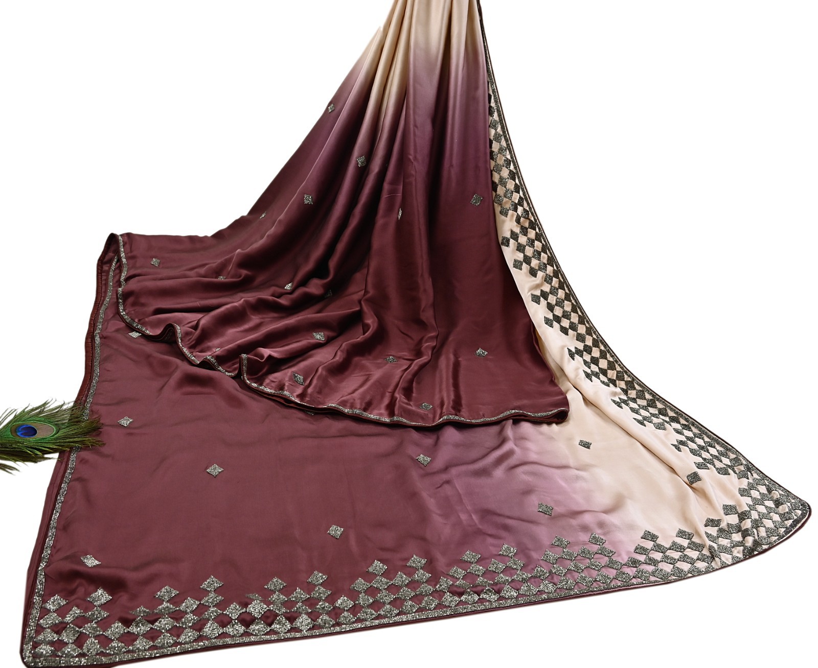 Rare Vintage Peach & maroon Pure Satin Silk Saree Hand Embroidered Fabric 5 Yard