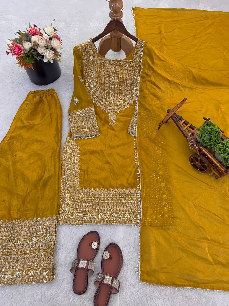 Trending Designer Yellow Silk Kurta Palazzo With Dupatta For Wedding & Party