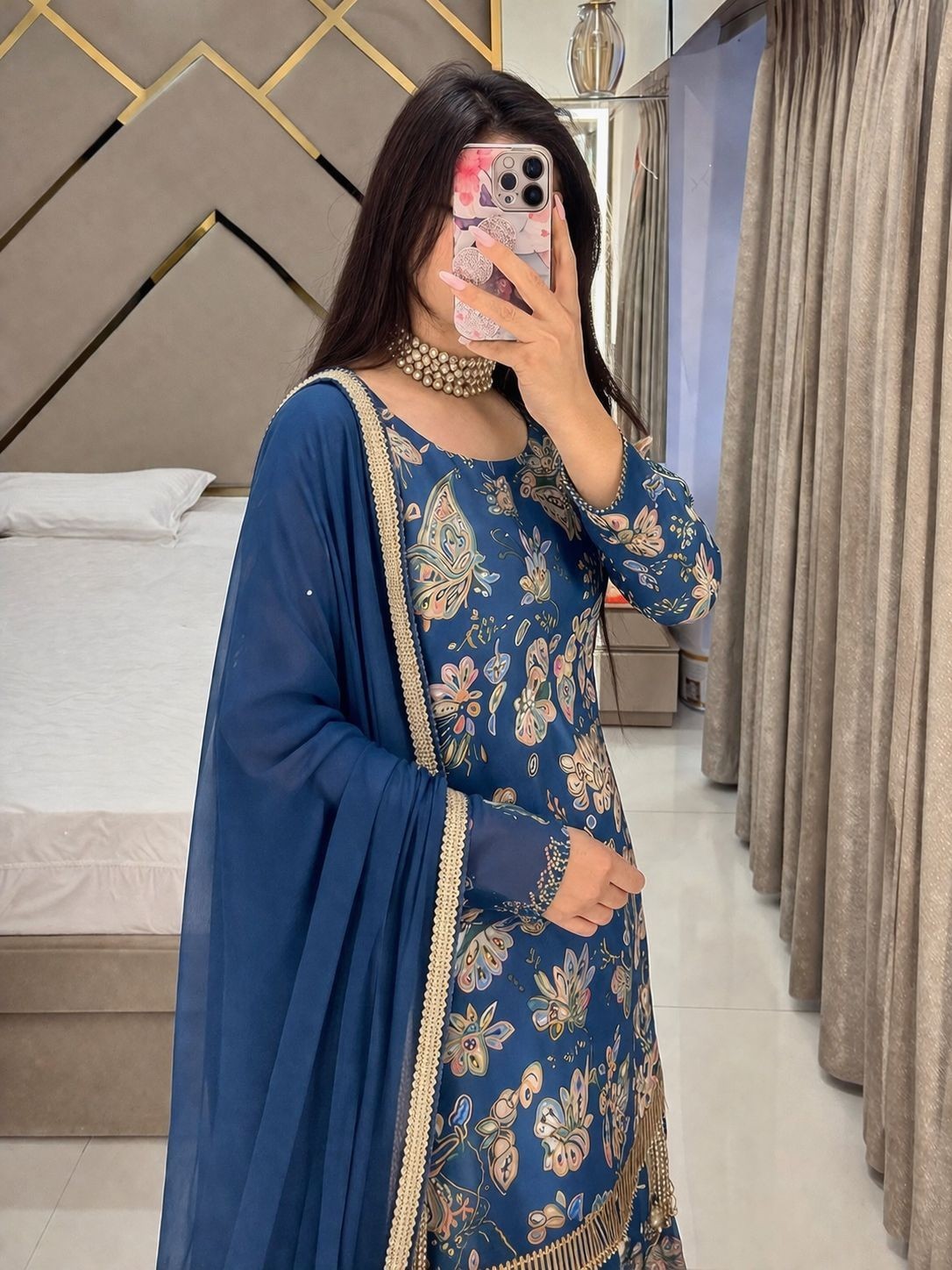 Designer Traditional New Look Stitched Silk Muslin Fabric Kurti Bottom & Dupatta