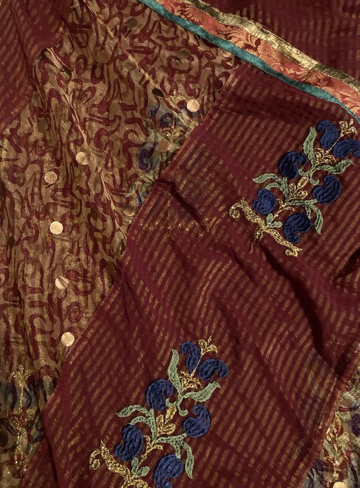 Vintage Saree Maroon Stripes Copper Pennies Navy Blue Green Sari Fabric