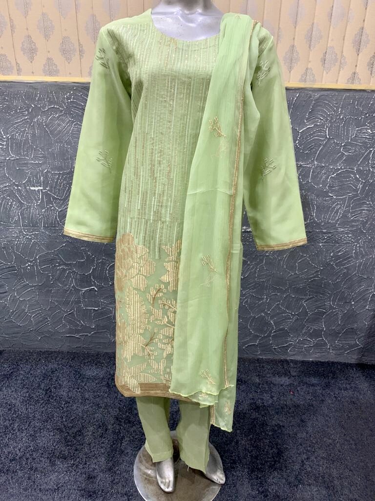 Pakistani Pista Green Organza Straight Shirt Suit, Fancy Threadwork and Sequins