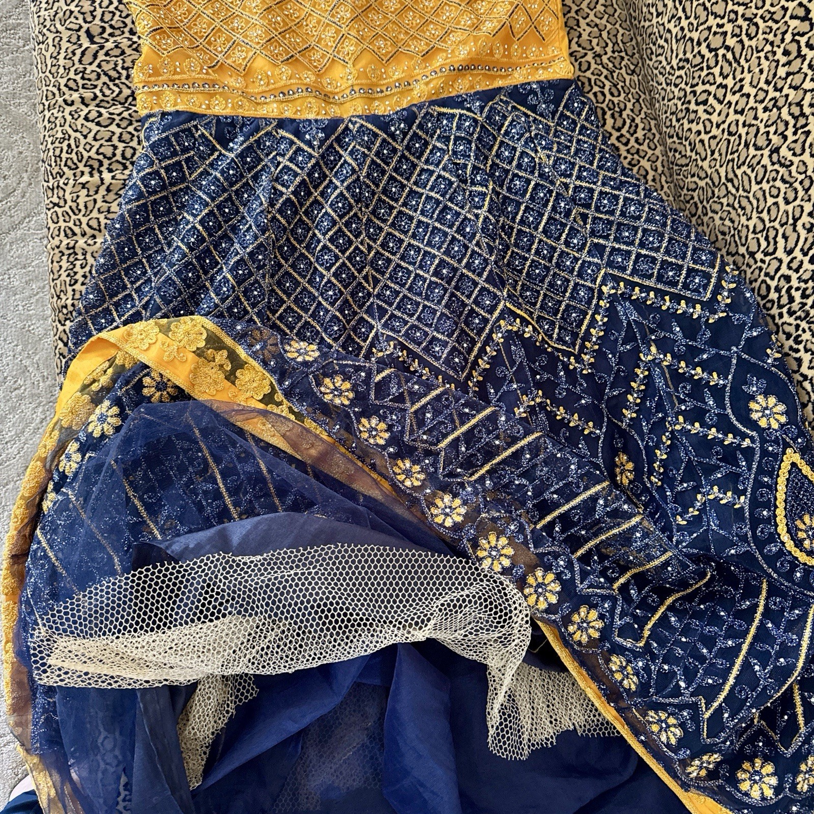 Handmade Anarkali Women’s XL Blue Gold Net Cotton Blend Salwar Kameez Dress