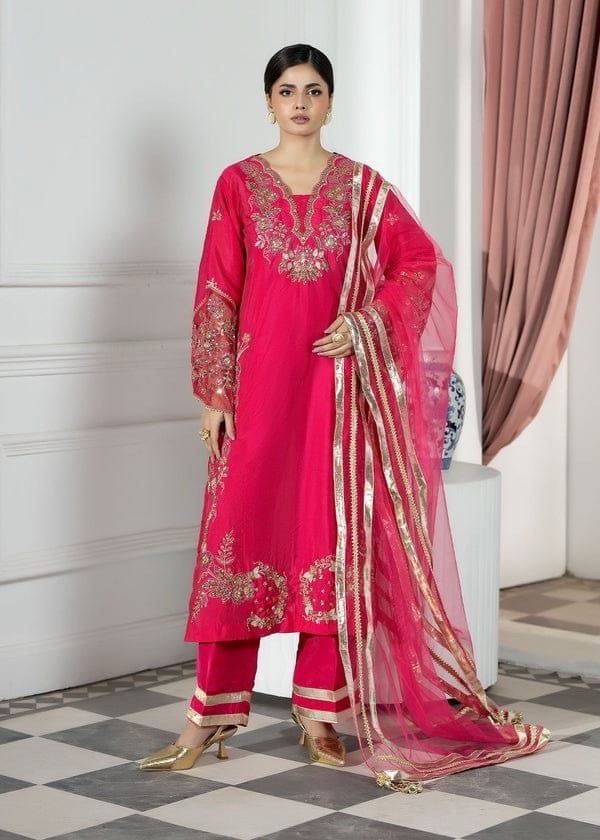 ASIAN STITCH ZARQUN BRAND – Emb Raw Silk Front & Back Emb, Net Lux Dupatta – $75