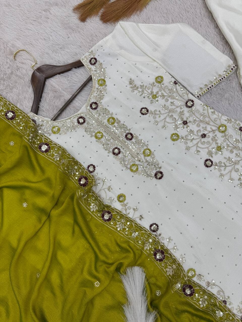 New Presenting Olive Green Chinon Silk Kurta Palazzo With Dupatta For Women